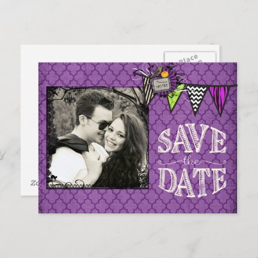 ハロウィン結婚の写真日付を保存 案内ポストカード (正面/裏面)