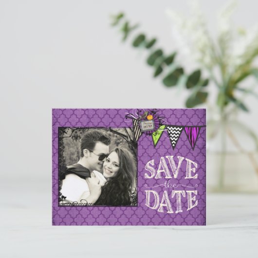 ハロウィン結婚の写真日付を保存 案内ポストカード (スタンド正面)