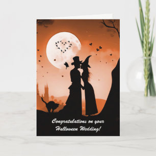ハロウィン結婚の可愛いカップルのトップハットと魔女 カード
