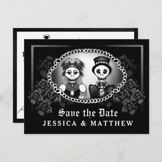 ハロウィン結婚の白黒おもしろい骨格 案内ポストカード (正面/裏面)