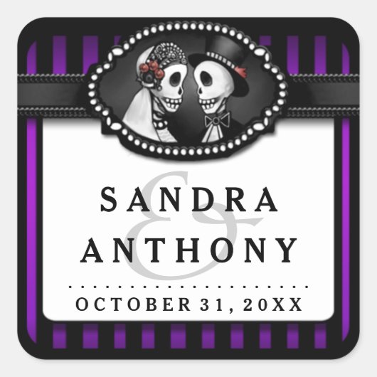 ハロウィン結婚の紫色の黒いストライプの骨格 スクエアシール (正面)