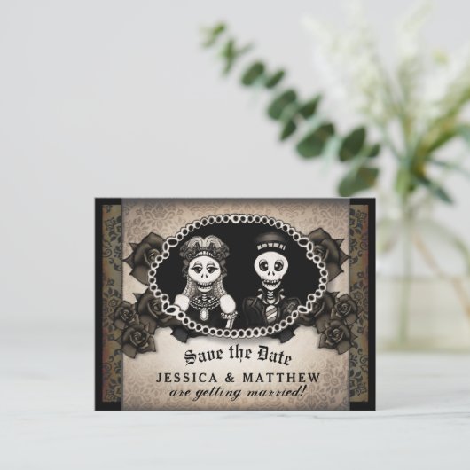ハロウィン結婚の茶色のアンティーク骨格 案内ポストカード (スタンド正面)