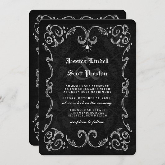 ハロウィン結婚の黒いゴシック様式の名前が背中に 招待状 (正面/裏面)