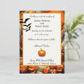 ハロウィン結婚ズパンプキカラフルンこうもりフラット 招待状 (スタンド正面)