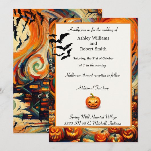 ハロウィン結婚ズパンプキカラフルンこうもりフラット 招待状 (正面/裏面)