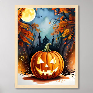 ハロウィン絵画ーの怖いパンプキ白熱［赤熱］光を放つンの月光 ポスター