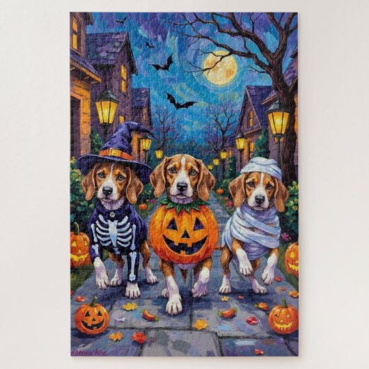 ハロウィン衣装を着たビーグル犬たちがお菓子を乞う ジグソーパズル (縦)