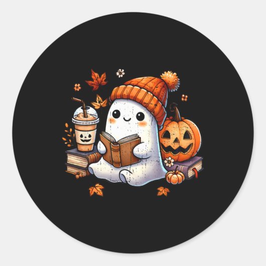 ハロウィン読幽霊の本好き可愛い幽霊Cof ラウンドシール (正面)