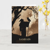 ハロウィン賛美の魔術魔法使いとフクロウ カード (黄色い花)
