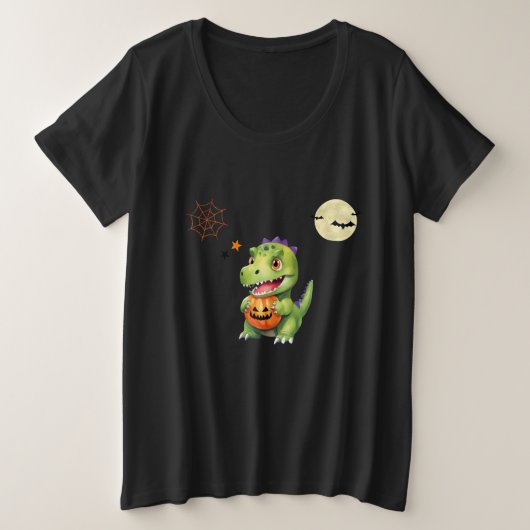 ハロウィン遊を扱うかわいい恐竜のカボチャ プラスサイズTシャツ (デザイン正面)