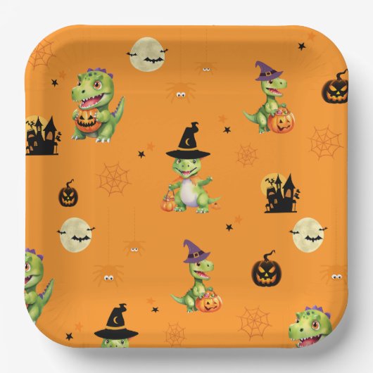 ハロウィン遊を扱うかわいい恐竜のカボチャ ペーパープレート (正面)