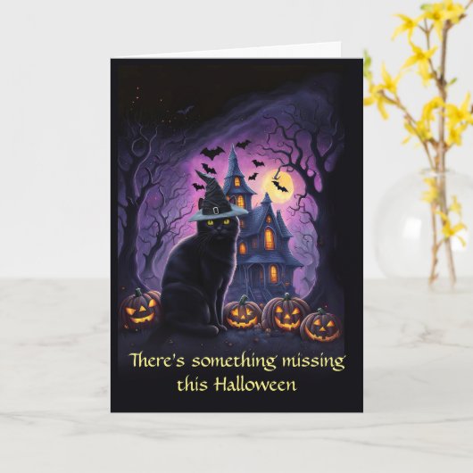 ハロウィン遠くにアットカレッジかわいいウィッチー猫 カード (黄色い花)