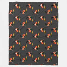 ハロウィン飛んでいるのかわいい魔女と箒の木炭 フリースブランケット