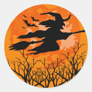 ハロウィン飛んでいるのステッカー上の魔女 ラウンドシール