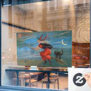 ハロウィン飛んでいるの夜に黒猫がいる魔女 ウィンドウサイン