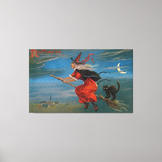 ハロウィン飛んでいるの夜に黒猫がいる魔女 キャンバスプリント (正面)