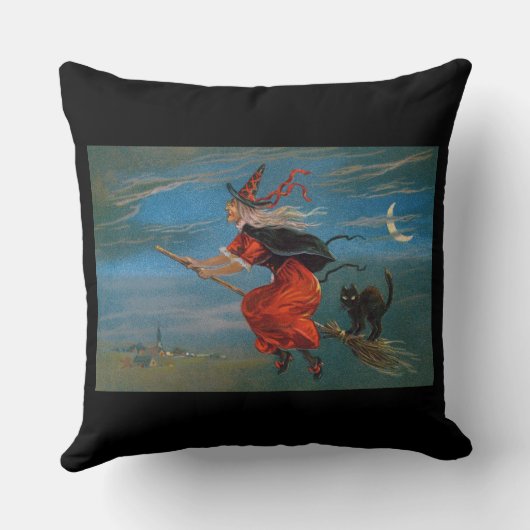 ハロウィン飛んでいるの夜に黒猫がいる魔女 クッション (裏面)