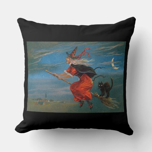 ハロウィン飛んでいるの夜に黒猫がいる魔女 クッション (正面)