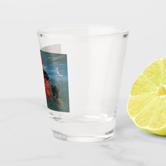 ハロウィン飛んでいるの夜に黒猫がいる魔女 ショットグラス (右)