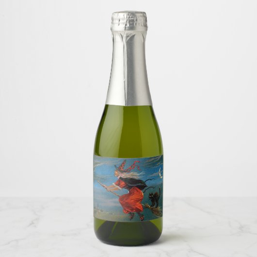 ハロウィン飛んでいるの夜に黒猫がいる魔女 スパークリングワインラベル (正面)