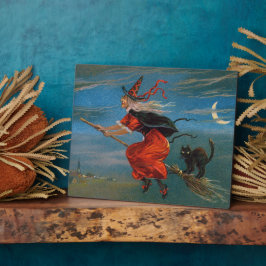 ハロウィン飛んでいるの夜に黒猫がいる魔女 フォトプラーク