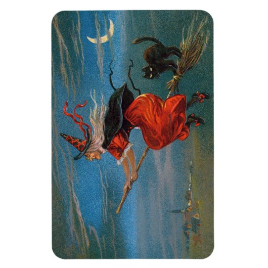 ハロウィン飛んでいるの夜に黒猫がいる魔女 マグネット (縦)