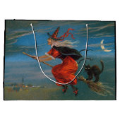 ハロウィン飛んでいるの夜に黒猫がいる魔女 ラージペーパーバッグ (裏面)