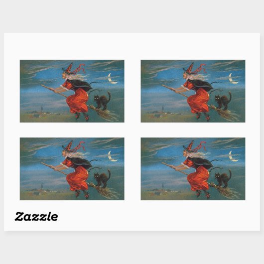 ハロウィン飛んでいるの夜に黒猫がいる魔女 長方形シール (シート)