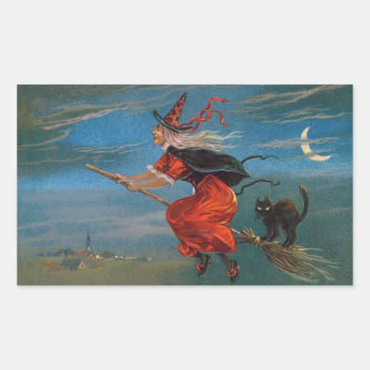 ハロウィン飛んでいるの夜に黒猫がいる魔女 長方形シール (正面)
