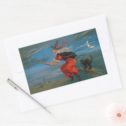 ハロウィン飛んでいるの夜に黒猫がいる魔女 長方形シール (封筒)