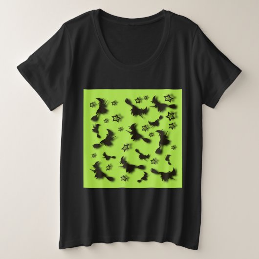 ハロウィン飛んでいるの夜3Dで星の間の魔女 プラスサイズTシャツ (デザイン正面)