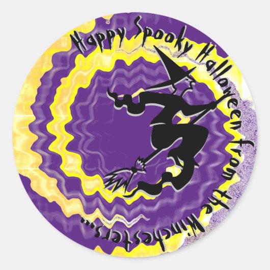 ハロウィン飛んでいるイエローウィッチ魔法スペル文字 ラウンドシール (正面)