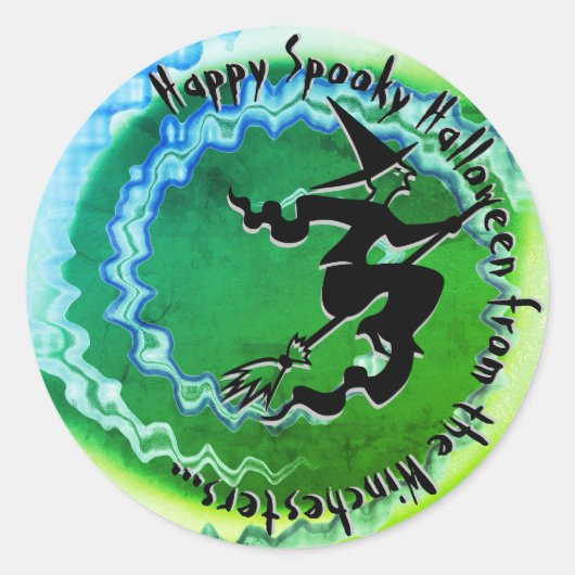 ハロウィン飛んでいるウィッカスタムチ魔法呪文文字おもしろい ラウンドシール (正面)