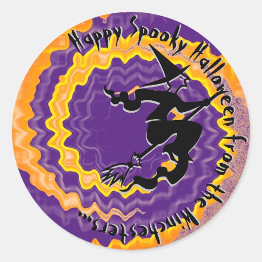 ハロウィン飛んでいるウィッチ魔法スペルネーム文字 ラウンドシール (正面)