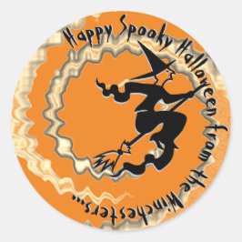 ハロウィン飛んでいるウィッチ魔法スペル文字オレンジおもしろい ラウンドシール