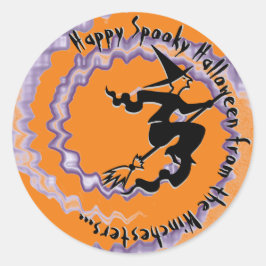 ハロウィン飛んでいるウィッチ魔法スペル文字オレンジ ラウンドシール