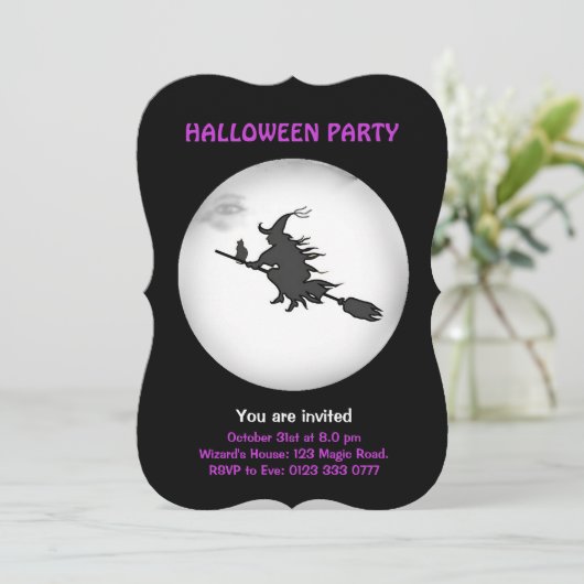 ハロウィン飛んでいるウィッチ&ブラックキャット招待状 招待状 (スタンド正面)