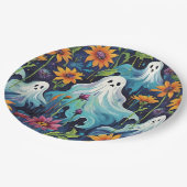 ハロウィン飛んでいる幽霊と花 ペーパープレート (アングル)