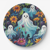 ハロウィン飛んでいる幽霊と花 ペーパープレート (正面)