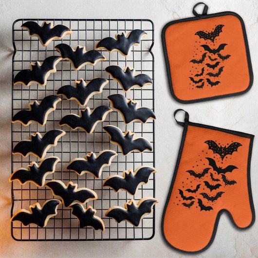 ハロウィン飛んでいる銀河系こうもりと星 鍋つかみ&鍋敷きセット