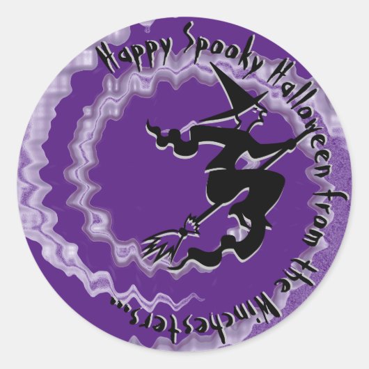 ハロウィン飛んでいる魔女魔法呪文文字紫 ラウンドシール (正面)