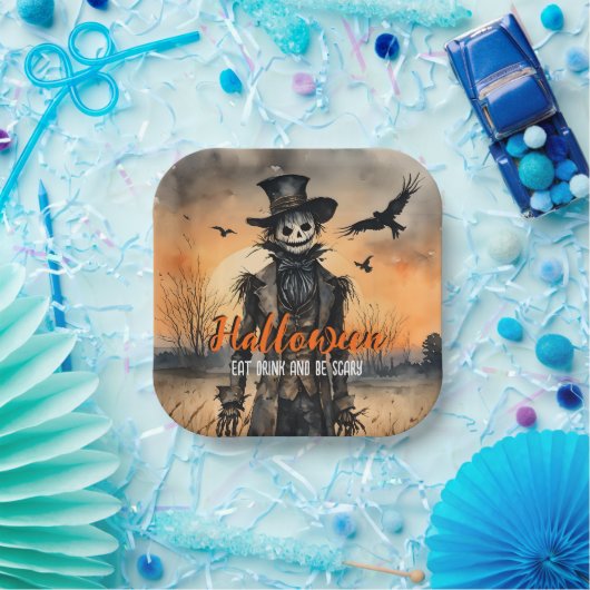 ハロウィン食べドリンクと怖いかかし ペーパープレート (パーティー)