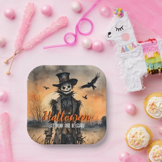 ハロウィン食べドリンクと怖いかかし ペーパープレート (パーティー)