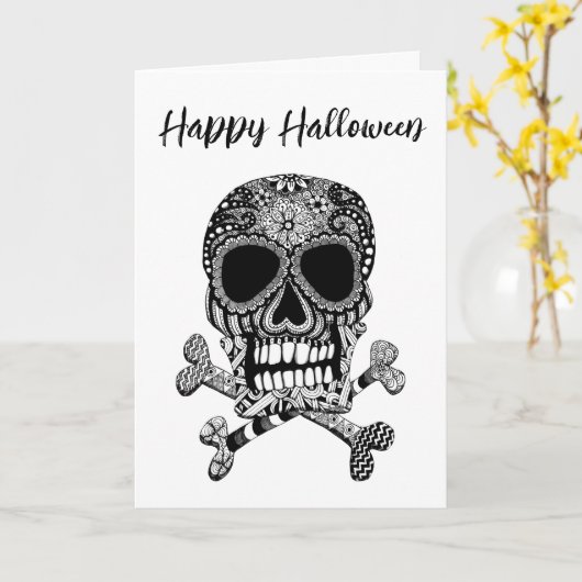 ハロウィン骷髏と交差した骨のグリーティング カード (黄色い花)
