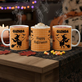 ハロウィン魔女とコウモリのオレンジ色のチェック柄 カスタムネーム コーヒーマグカップ