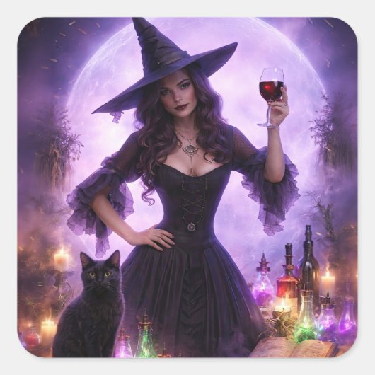 ハロウィン魔女とワイン かわいいステッカー スクエアシール (正面)