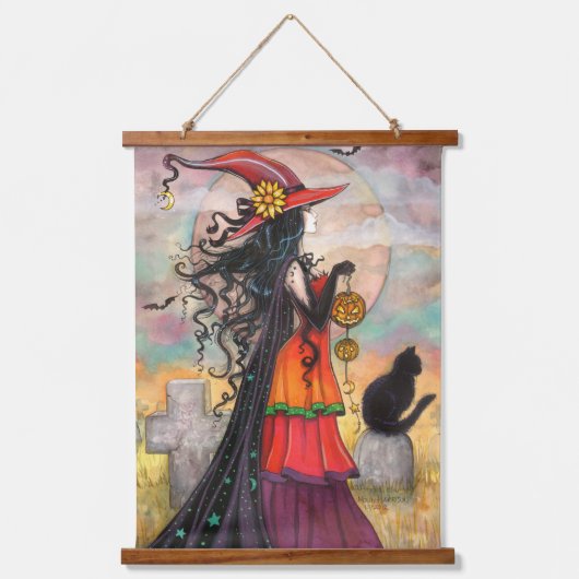 ハロウィン魔女と猫のアート「Witch Way」 吊り下げ型タペストリー (正面)
