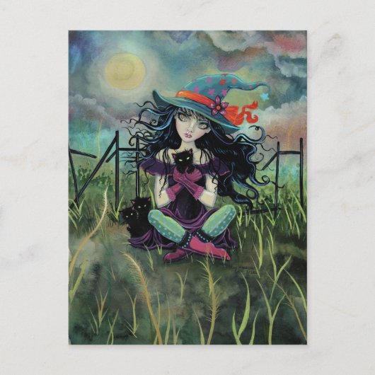 ハロウィン魔女と黒猫の幻想芸術 ポストカード (正面)