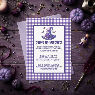 ハロウィン魔女のギンガムチェックの帽子 Drink Up Witches 招待状