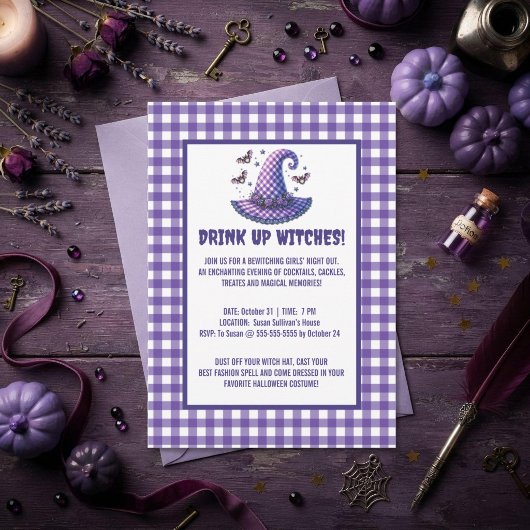 ハロウィン魔女のギンガムチェックの帽子 Drink Up Witches 招待状